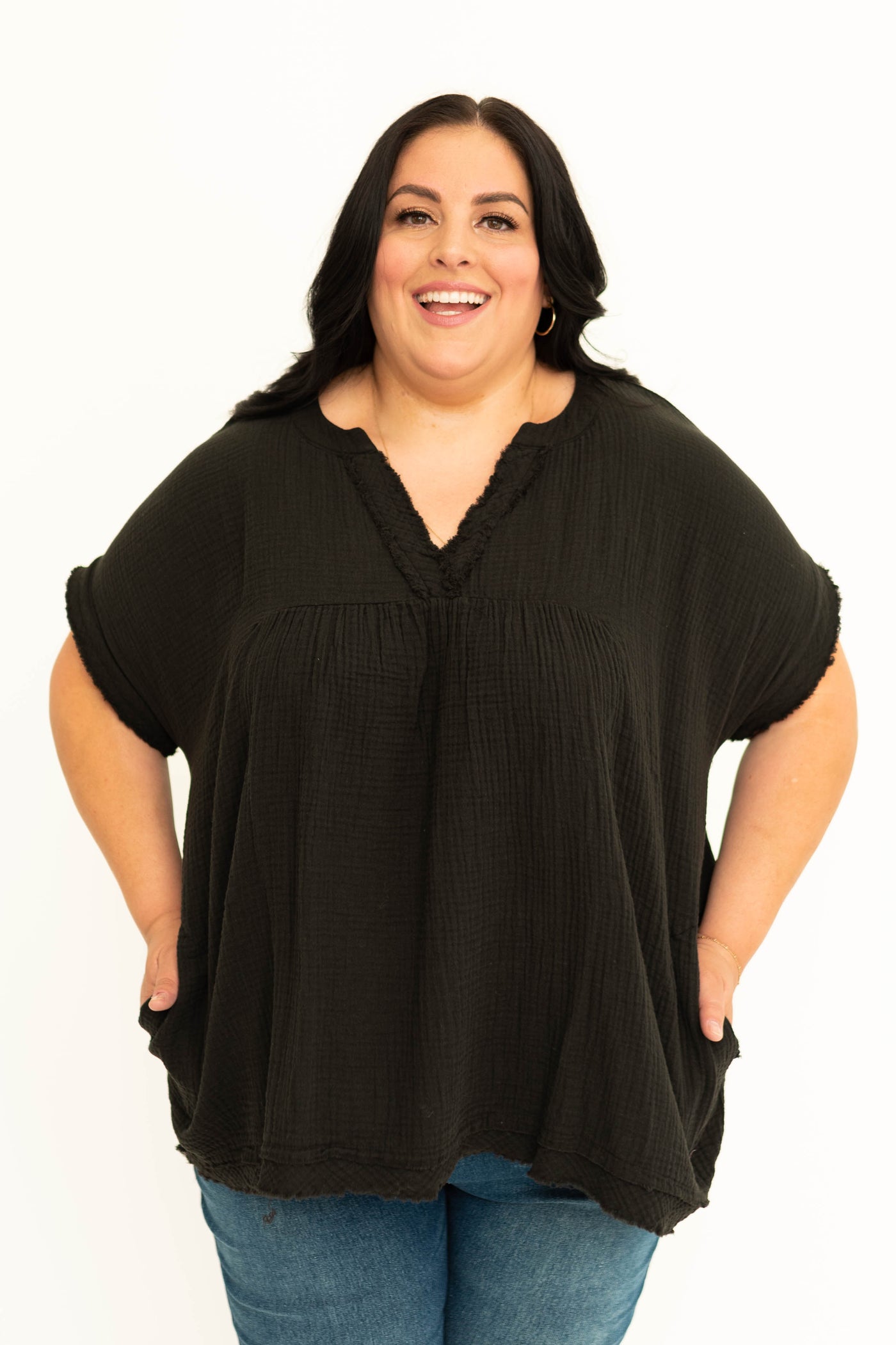 Plus size black top with pocket
