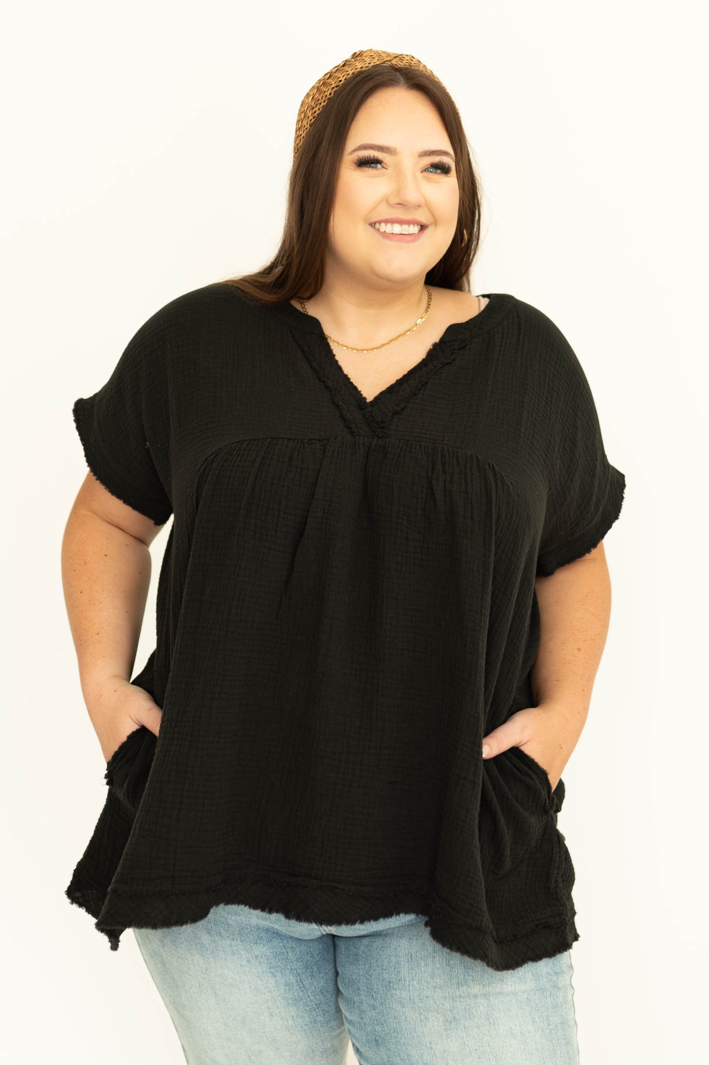Plus size black top with pockets