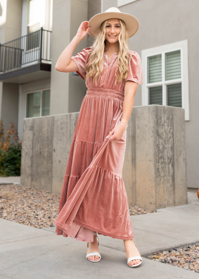 Short sleeve velvert blush dress with tiered skirt