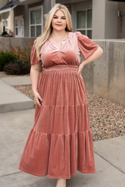 Plus size velvet blush dress with short sleeves and tiered skirt