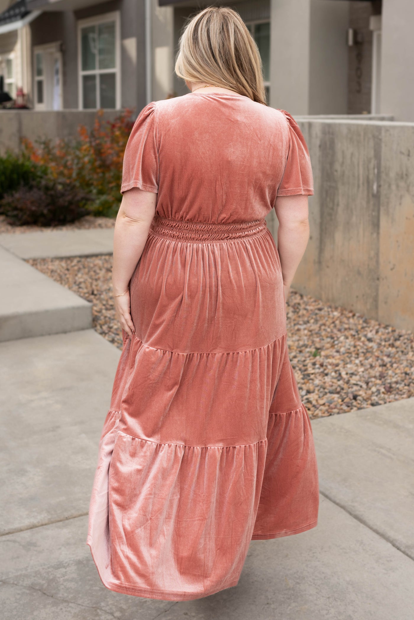 Back view of a plus size blush dress