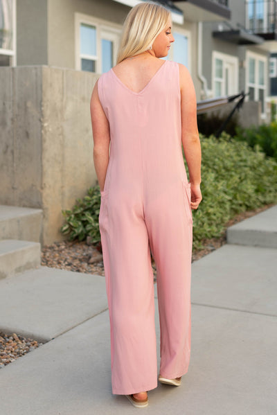 Back view of a pink jumpsuit