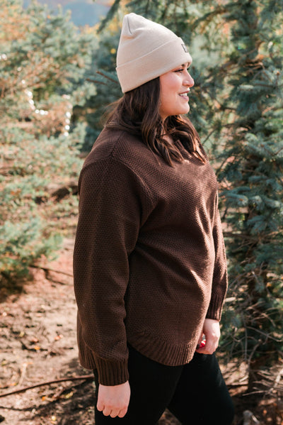 Side view of the plus size coffee sweater