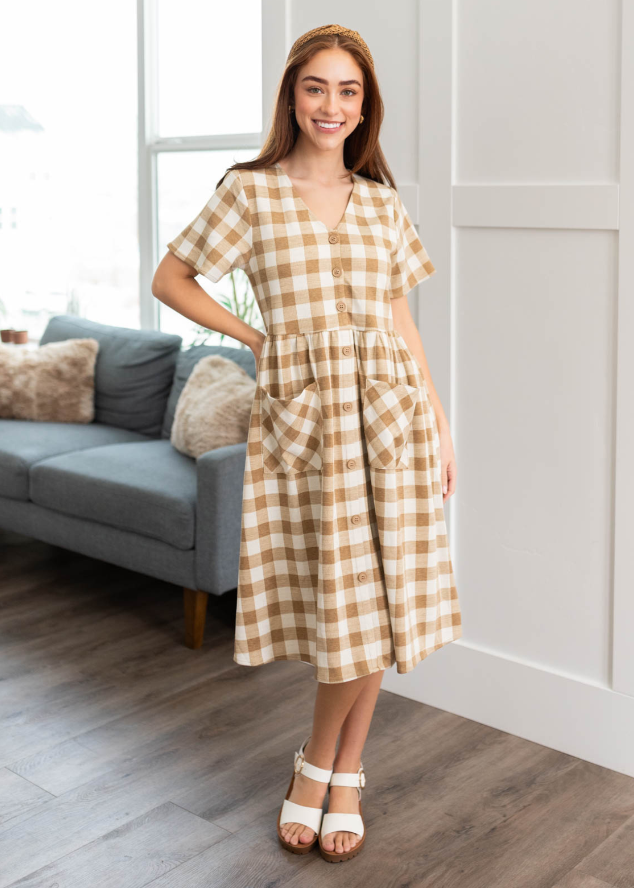 V-neck camel button down dress with short sleeves