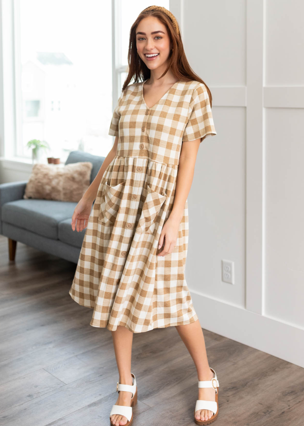 Camel button down dress with short sleeves