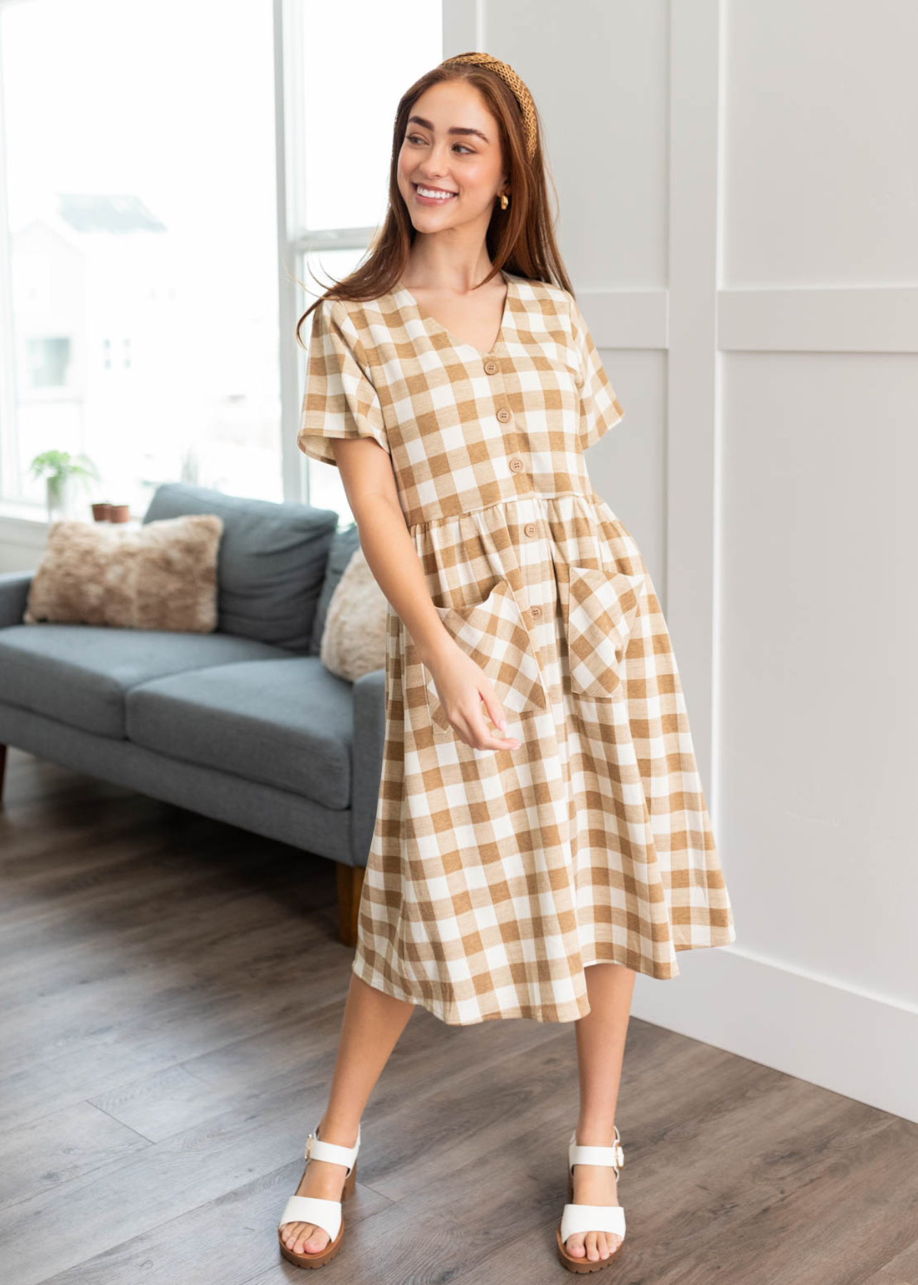 Short sleeve camel button down dress with front pockets