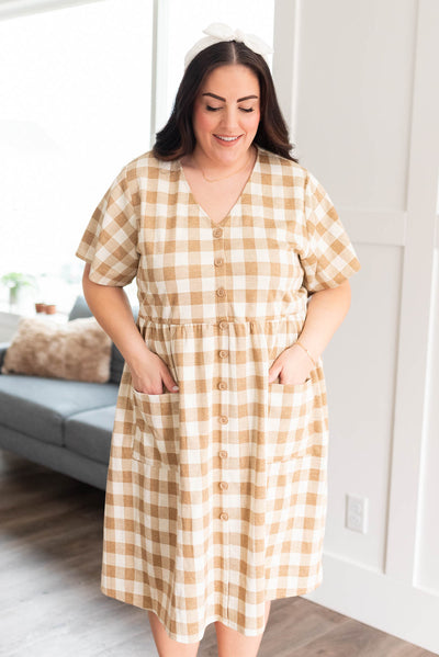 Plus size camel button down dress with front pockets