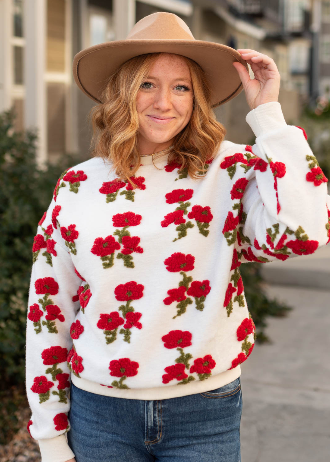 Long sleeve fleece flowered sweater with red flowers