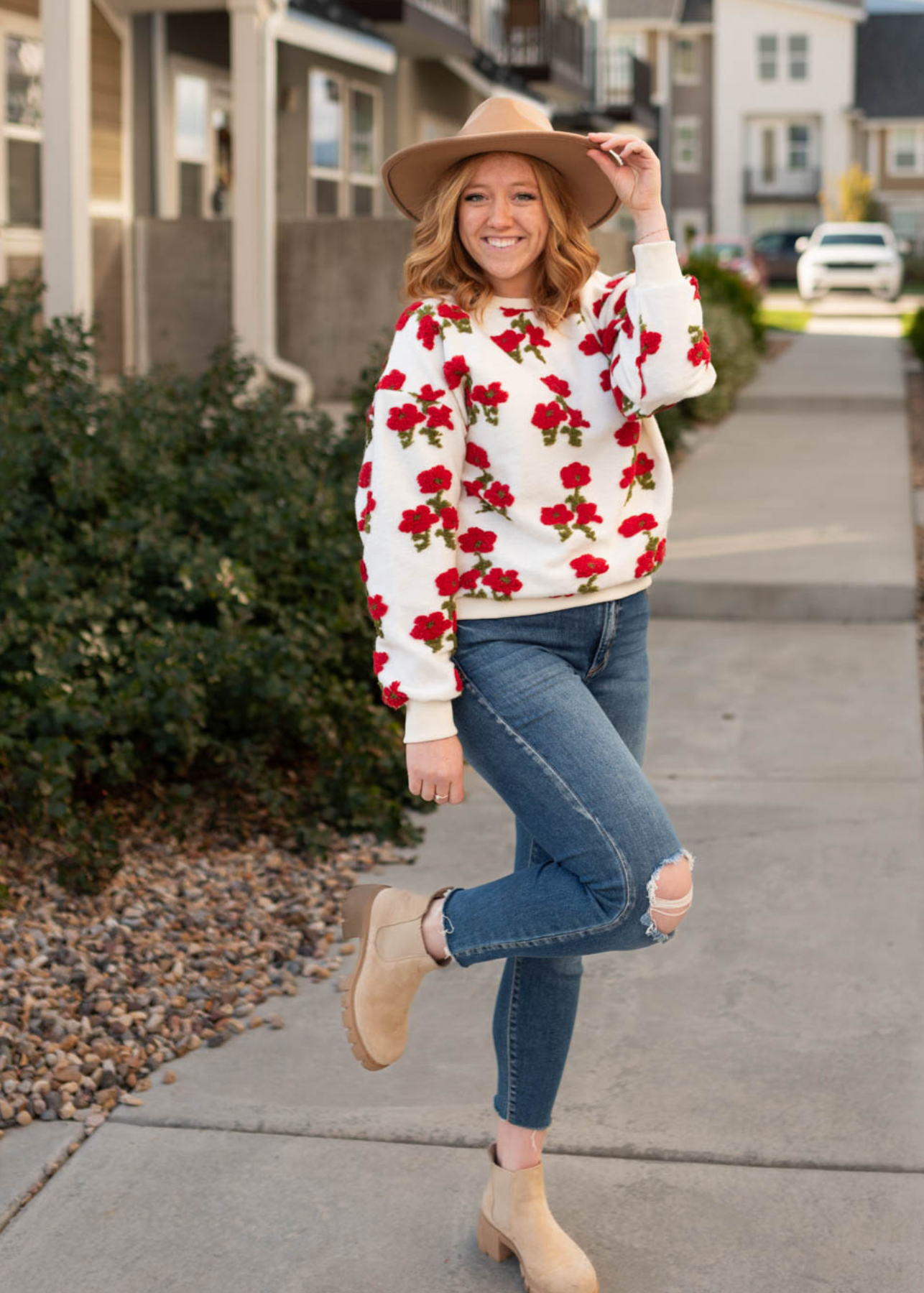 Long sleeve fleece flowered sweater