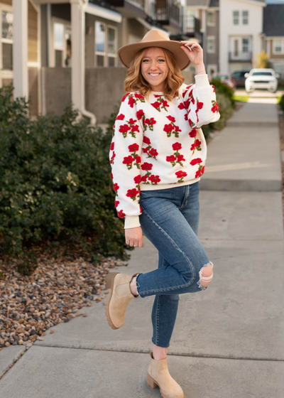 Long sleeve fleece flowered sweater