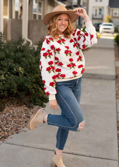 Fleece flowered sweater