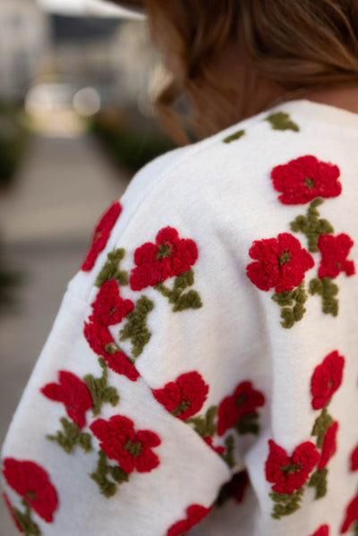 Close up view of the fleece flowered sweater