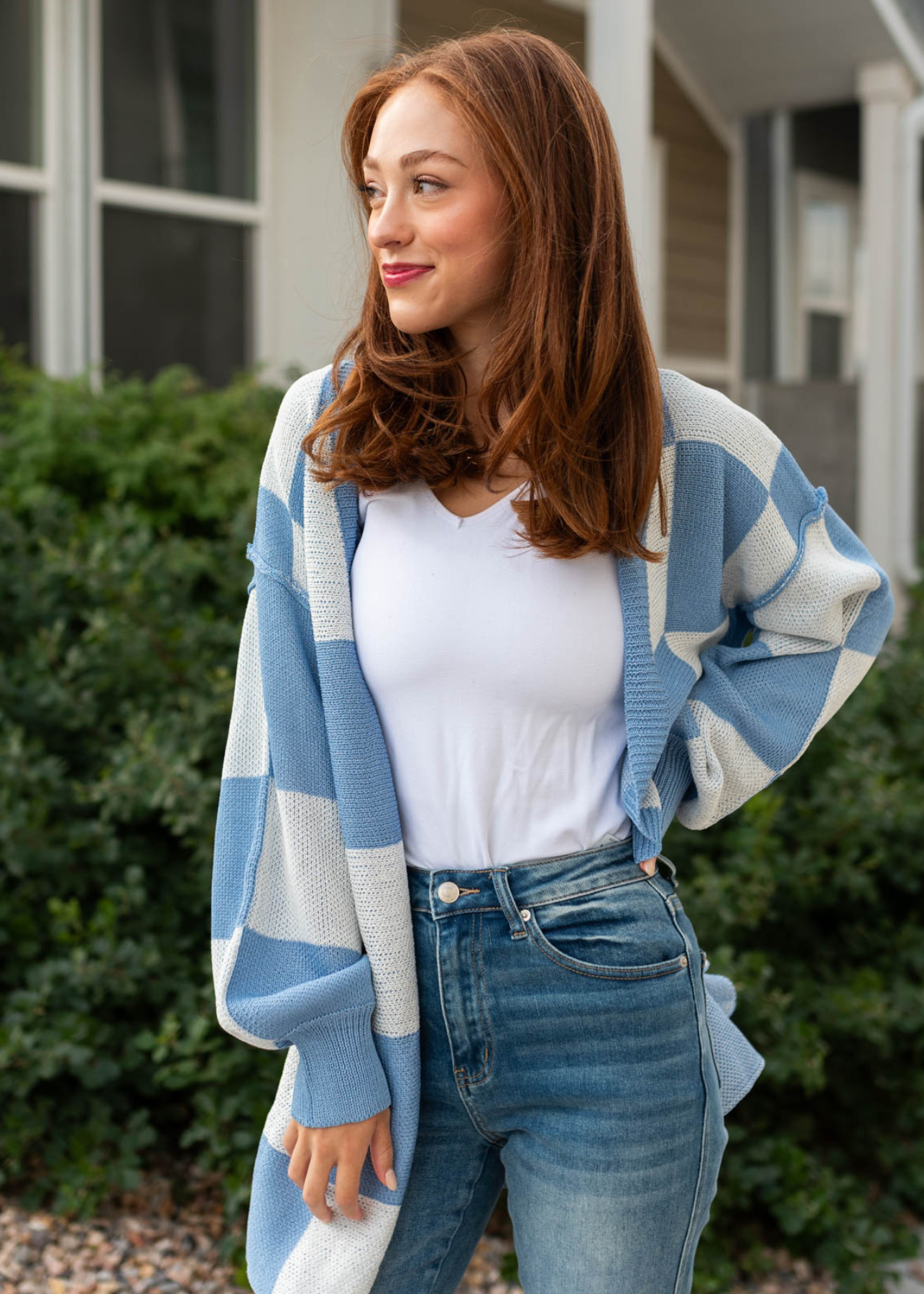 Checkered blue cardigan with long sleeves