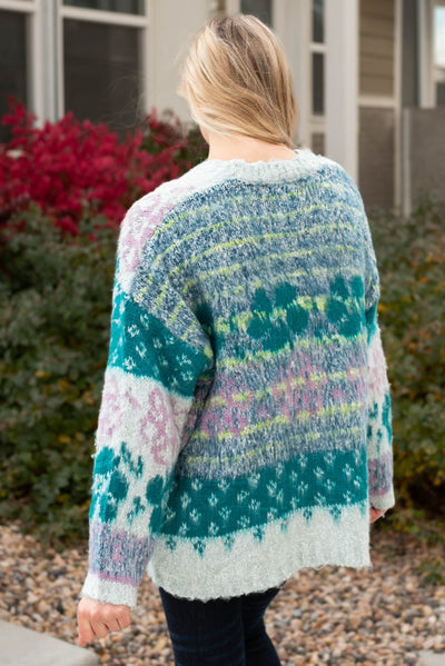 Back view of the multi floral cardigan