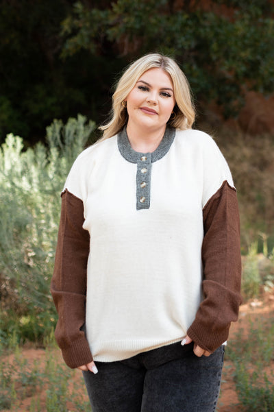 Plus size oatmeal sweater with brown sleeves and grey trim at the neck