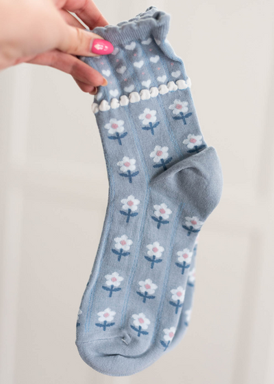Periwinkle heart flower socks with white hearts and flowers