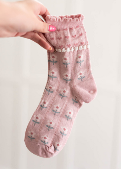 Pink heart flower socks with white flowers and dusty pink hearts