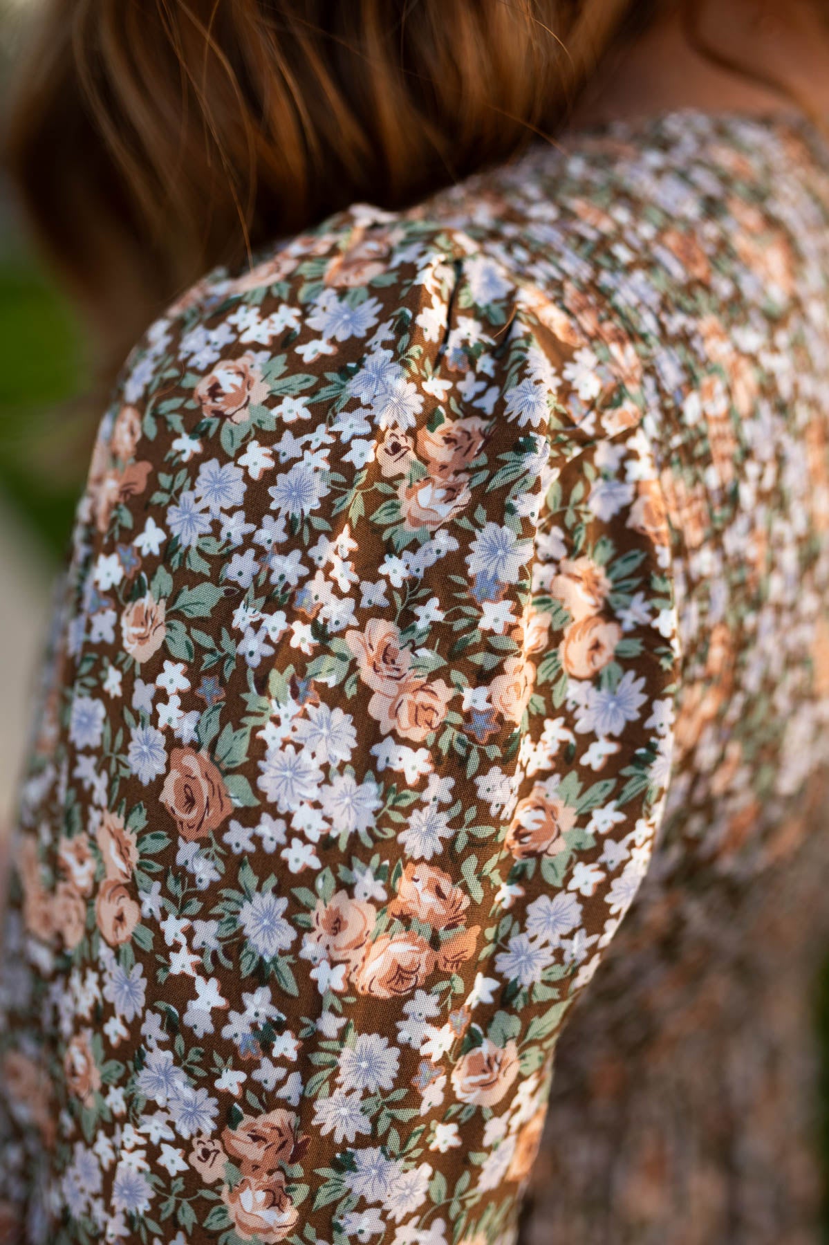 Close up of the floral pattern on a chestnut floral pattern