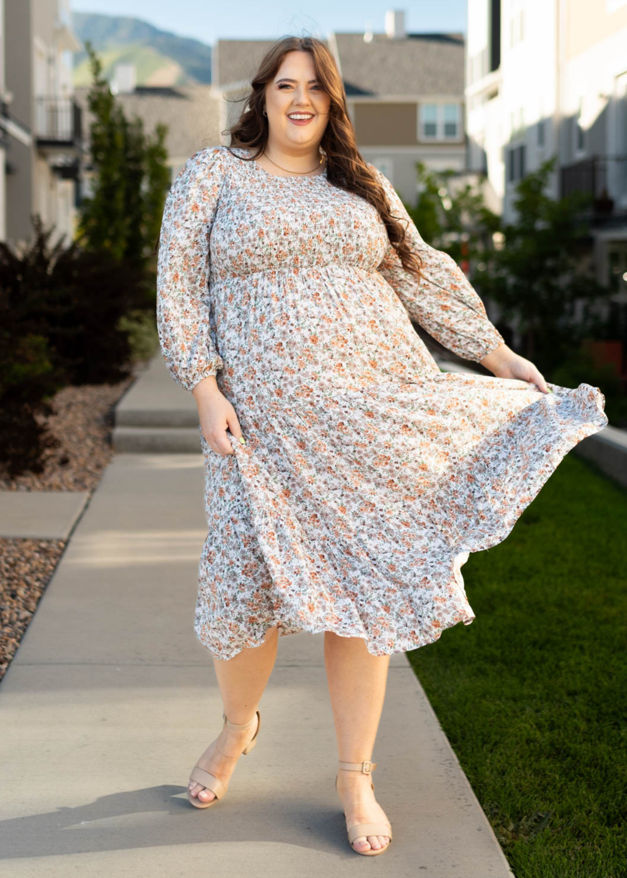 Long sleeve taupe floral dress