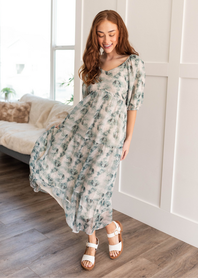 Short sleeve green floral dress