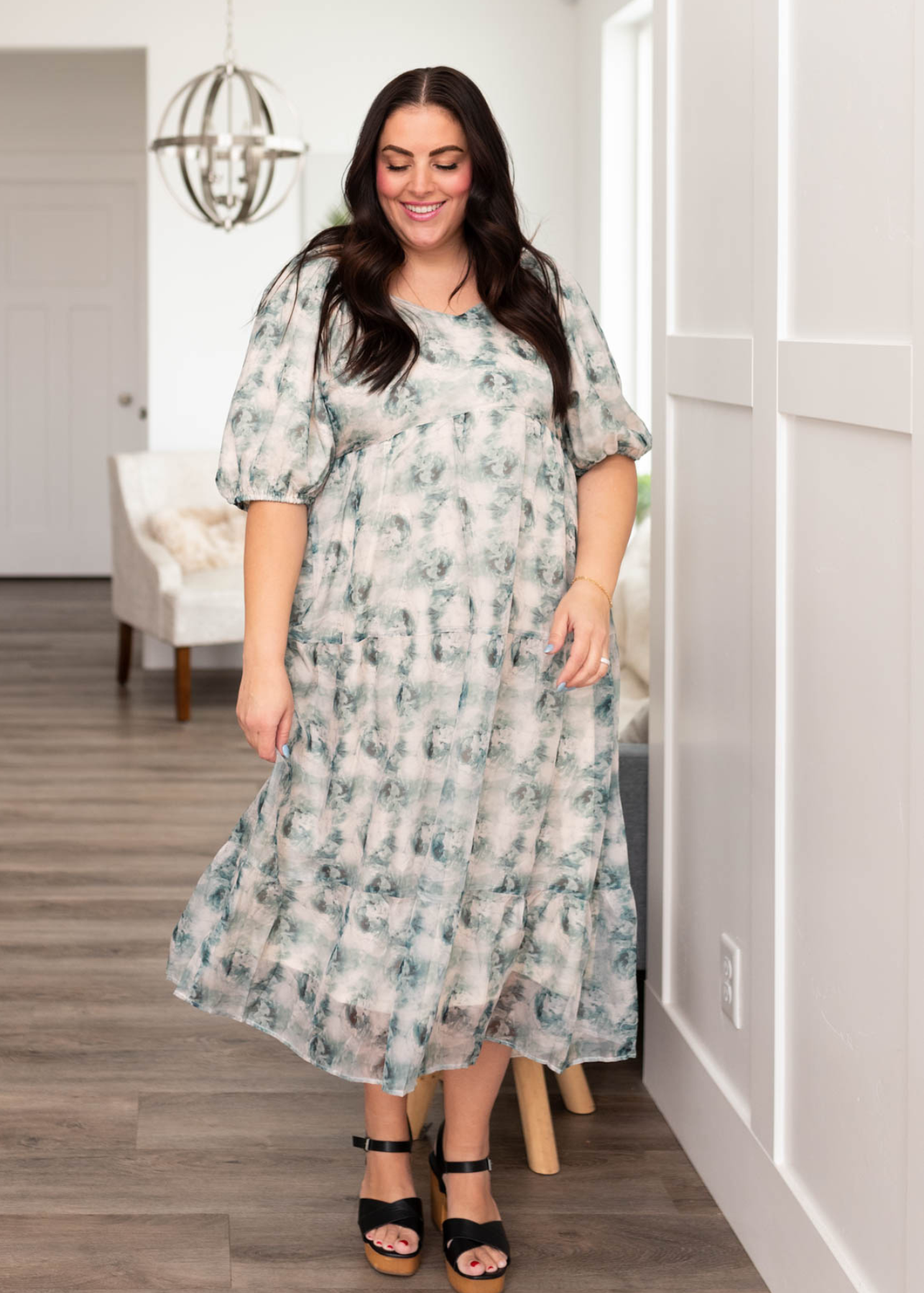 Plus size green floral dress with short sleeves