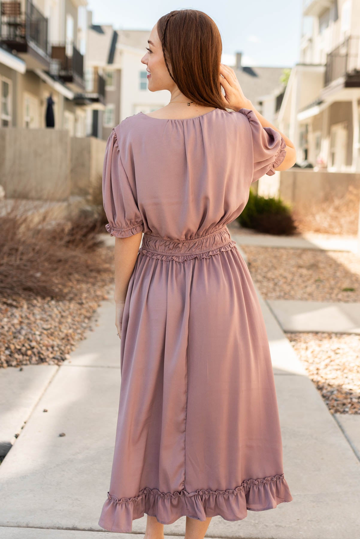 Back view of the dusty lavender ruffle dress