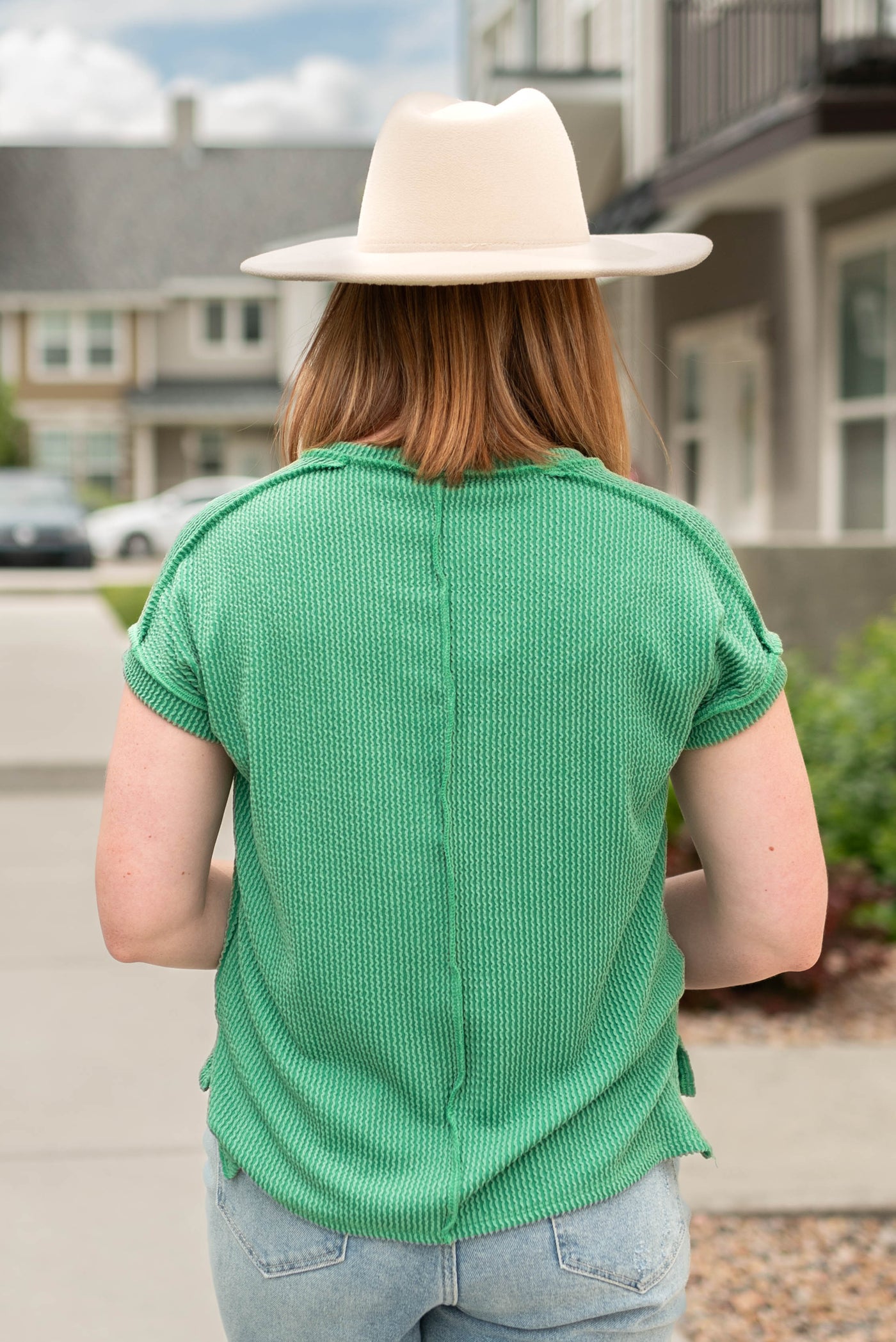 Back view of kelly green top