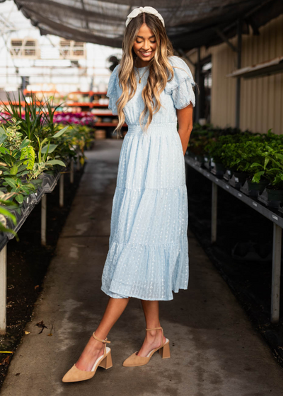 Short sleeve light blue lace dress