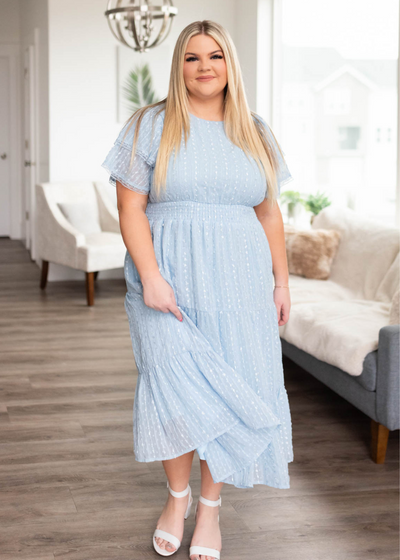 Plus size light blue lace dress with short sleeves