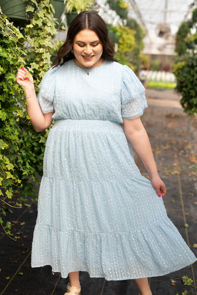 Plus size light blue lace dress with elastic waist