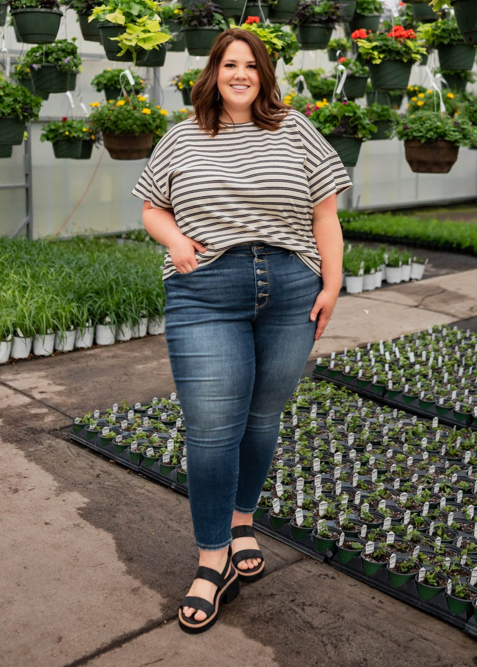 Black striped top with short sleeves