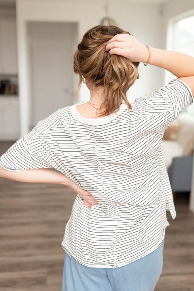 Back view of the charcoal stripe shirt