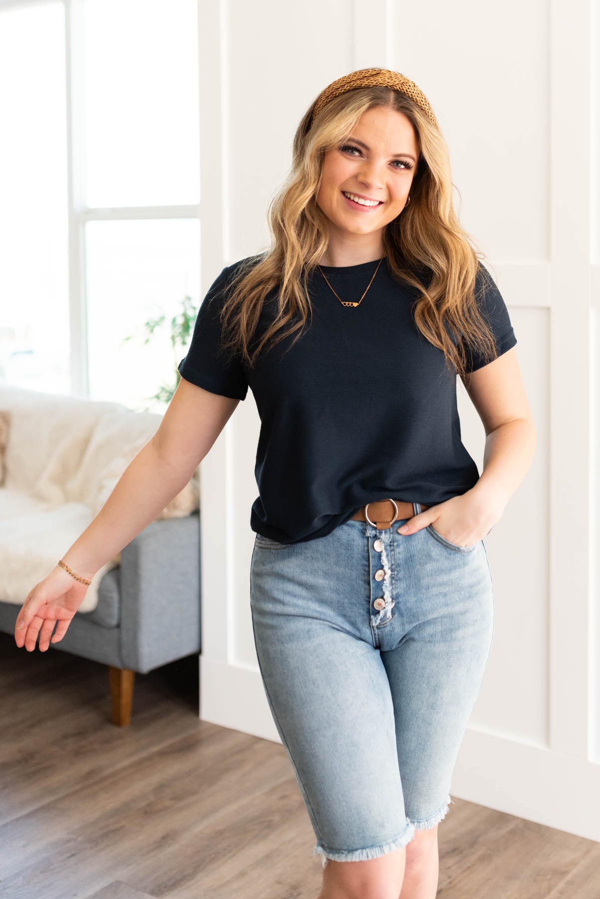 Small navy textured top with short sleeves