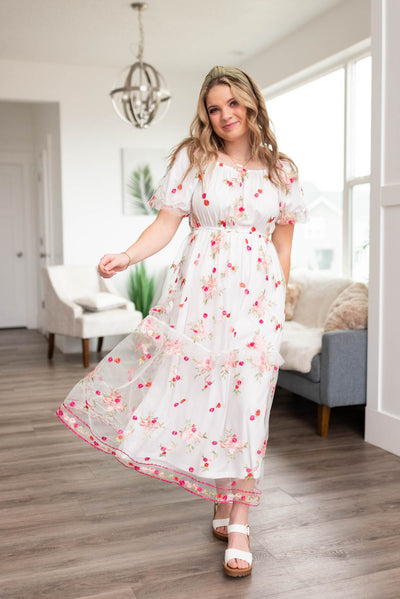 White embroidered floral dress that is lined