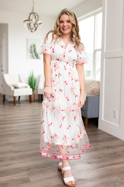 Short sleeve white embroidered floral dress with pink flowers