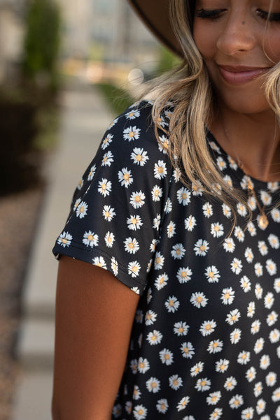 Black floral top with short sleeves