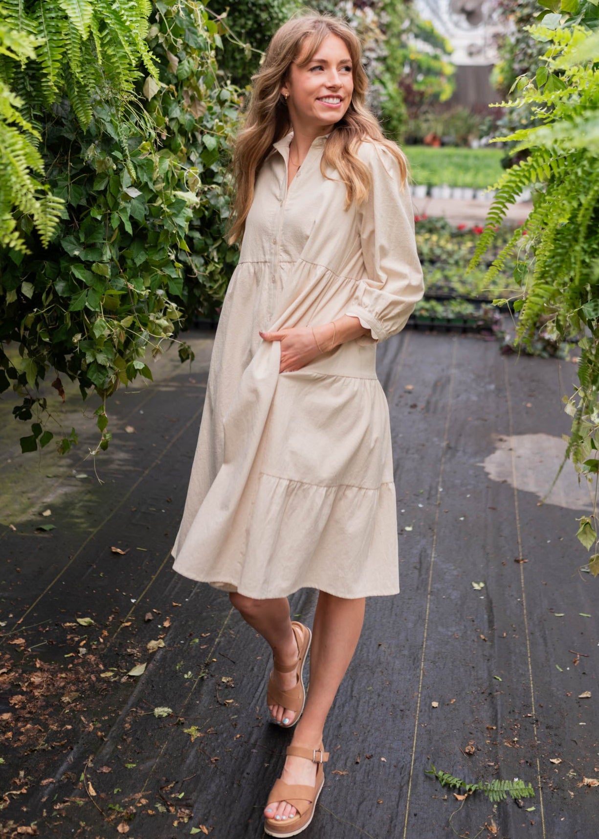 Pockets on the beige button down dress