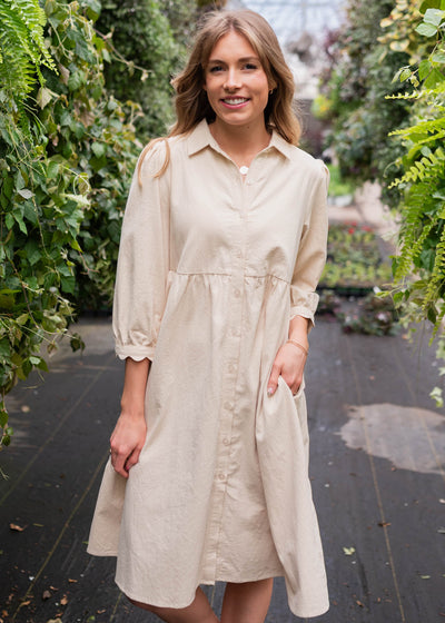 Beige button down dress with pockets