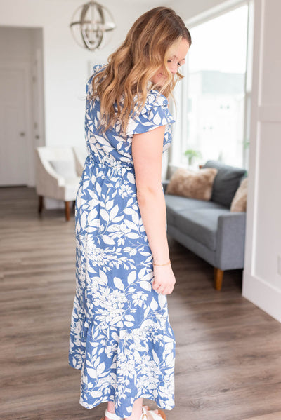 Side view of the blue floral dress