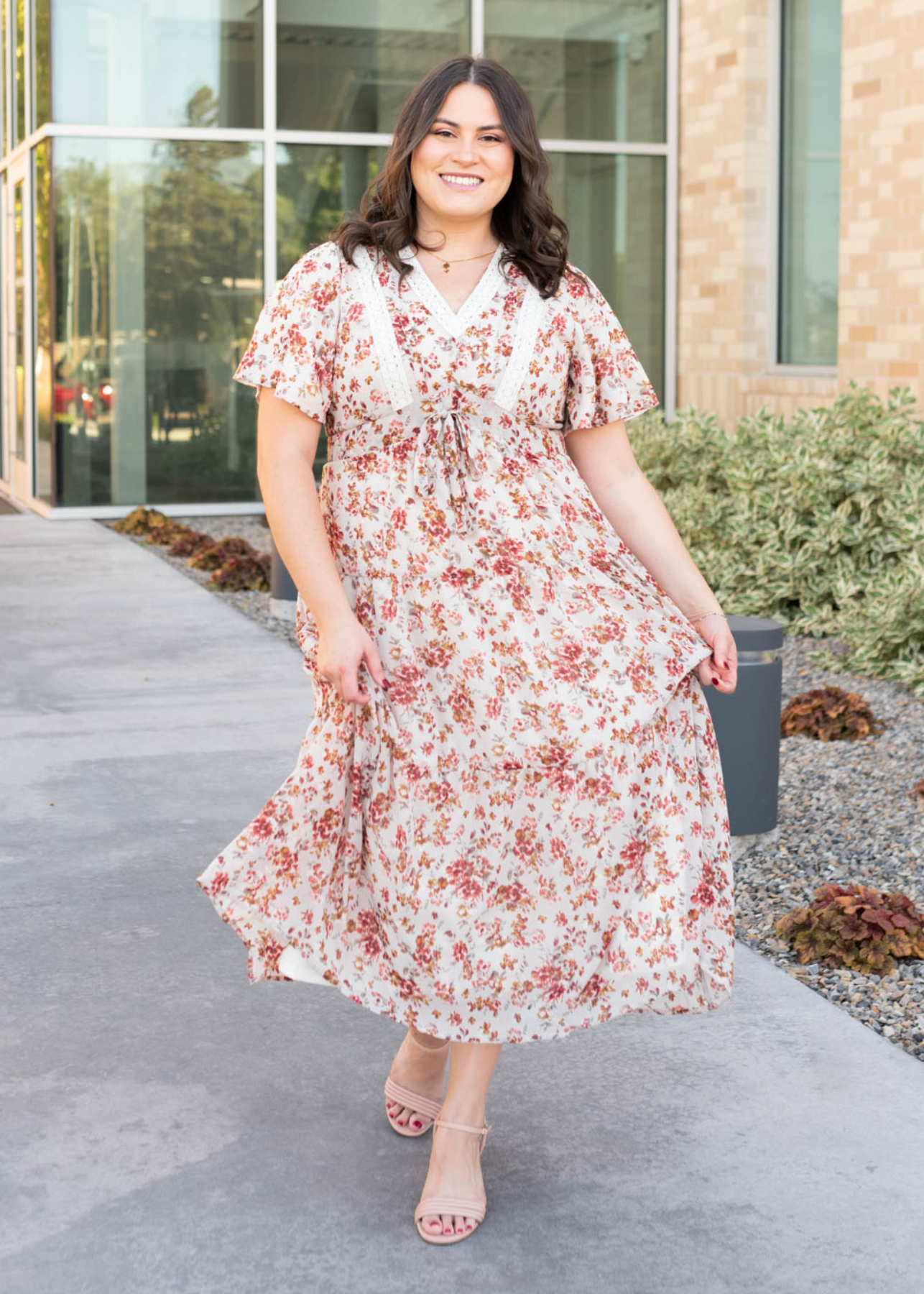 Cream floral tiered dress with lace detail on the bodice in plus size