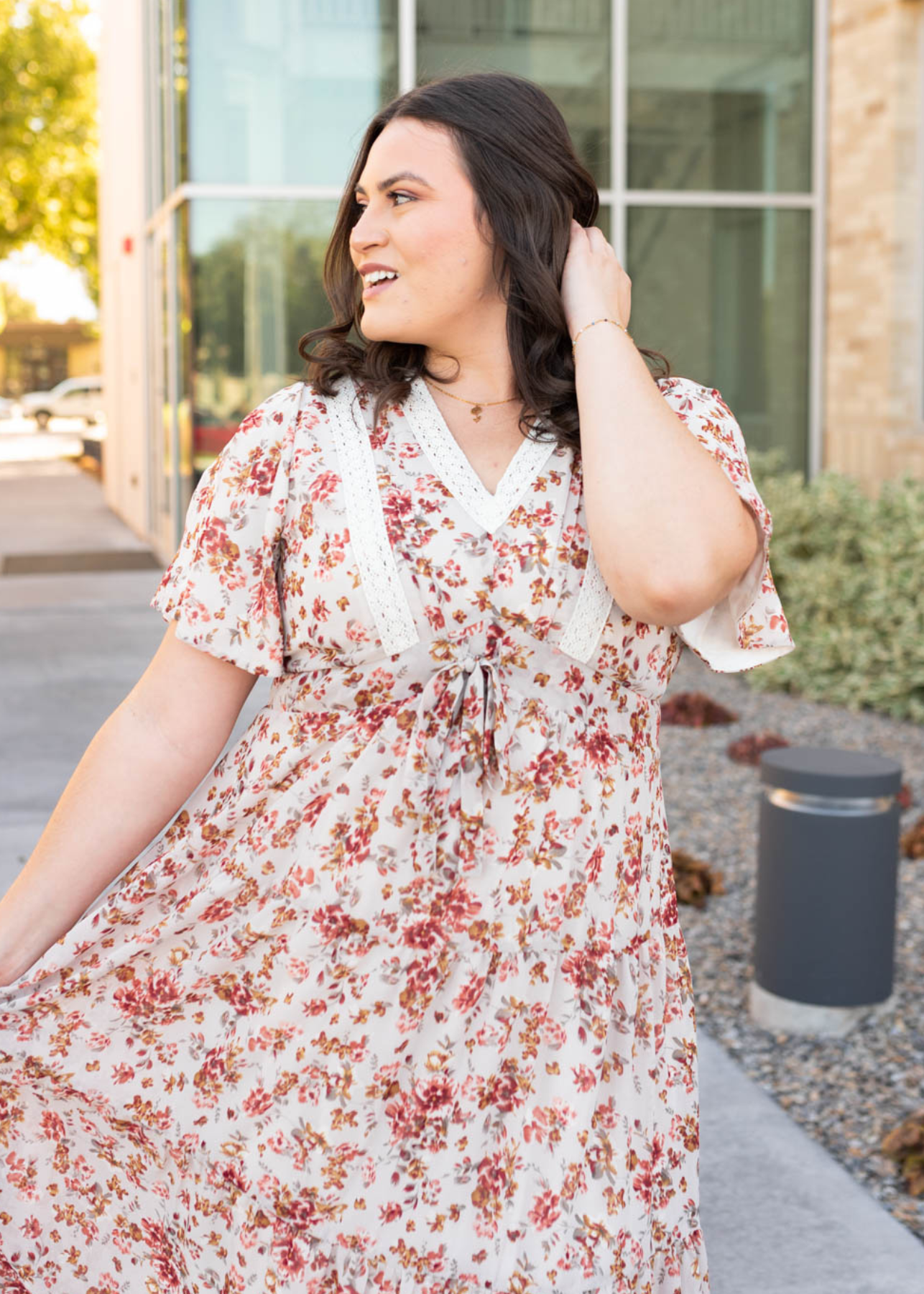 Plus size cream floral tiered dress