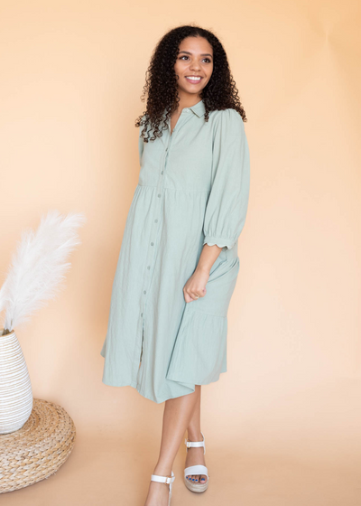 Sage button down dress with a collar