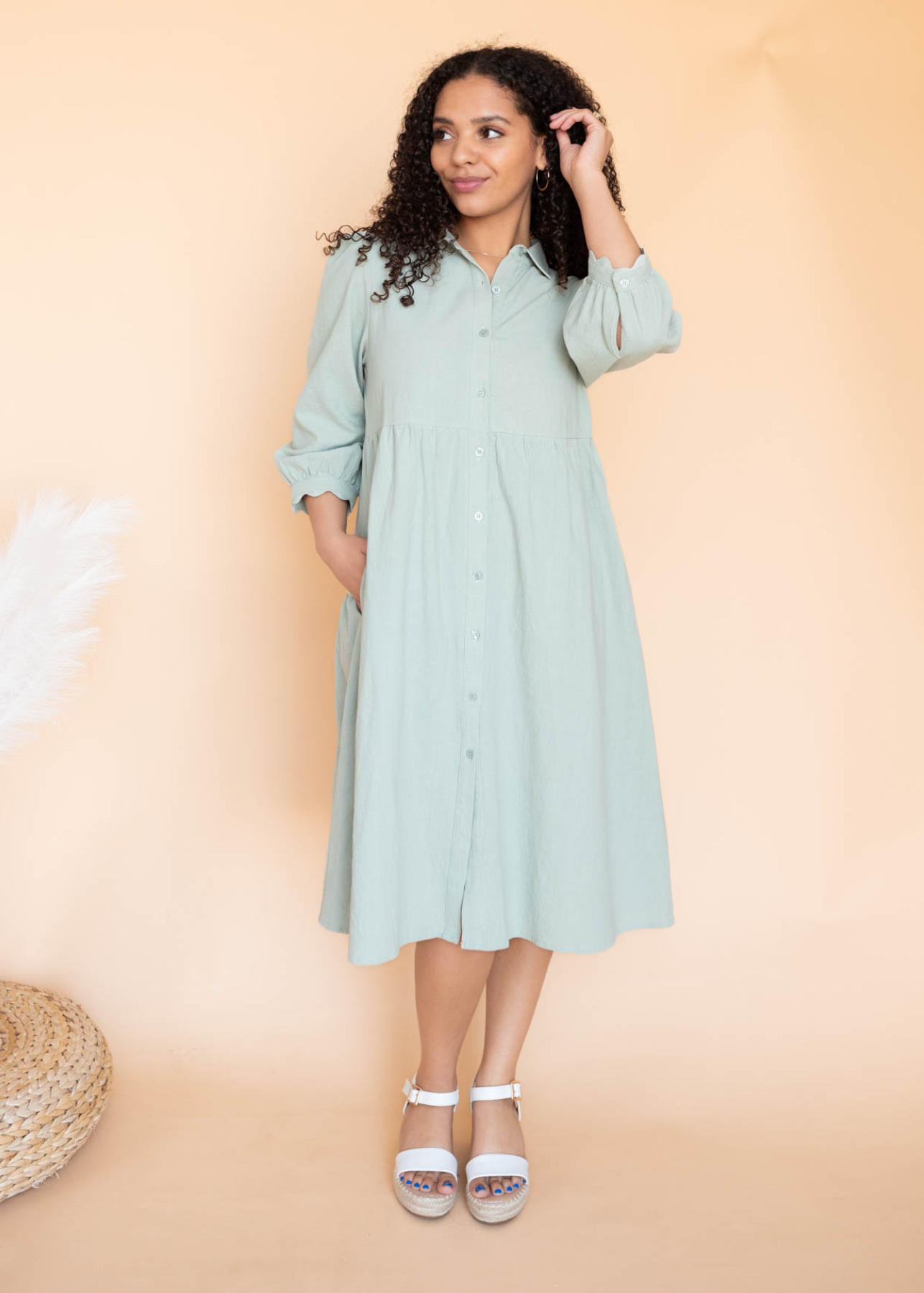 Sage button down dress with short sleeves