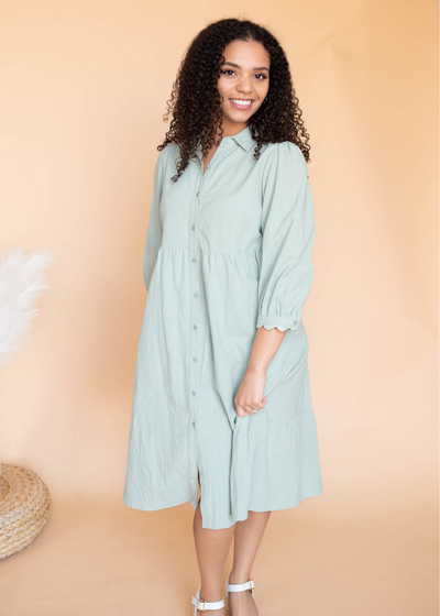 Short sleeve sage button down dress