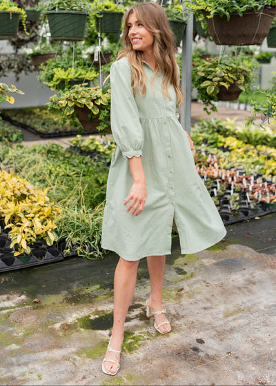 Short sleeve sage button down dress