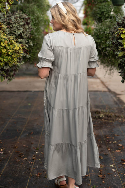 Back view of the cool jade embroidered tiered dress