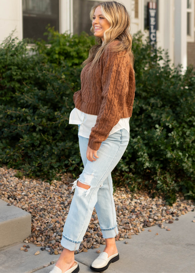 Camel sweater with faux white button up shirt at hem