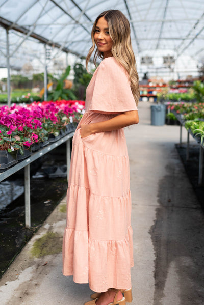 Blush floral embroidered dress with pockets