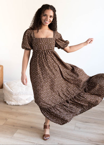 Brown floral ruffled dress with ruffle on the hem