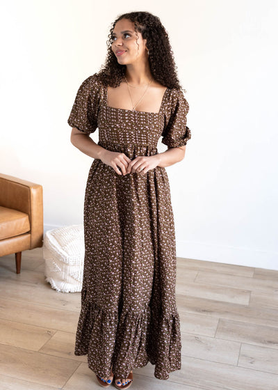Brown floral ruffled dress with pleated bodice
